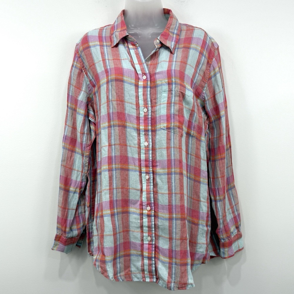 Gap 100% Linen Top Womens L Pastel Plaid NWT Classic Beachy Coastal Preppy